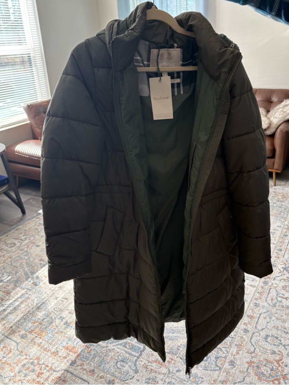 Barbour Dark Olive Quilted Hooded Puffer Coat